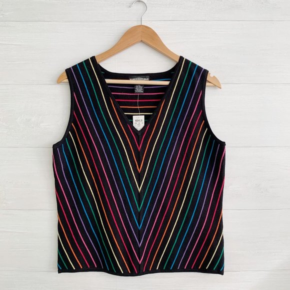 NWT World Republic - Black V-neck sleeveless rainbow chevron silk sweater, L - Picture 1 of 4
